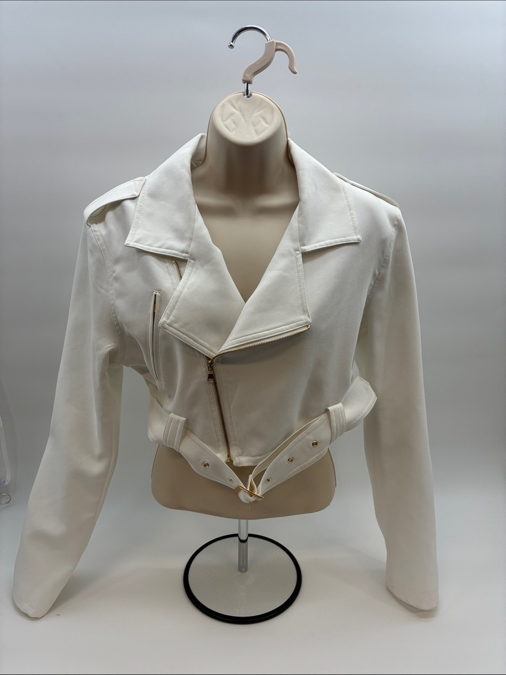Amanda Uprichard Cream Cropped Belted Moto Jacket